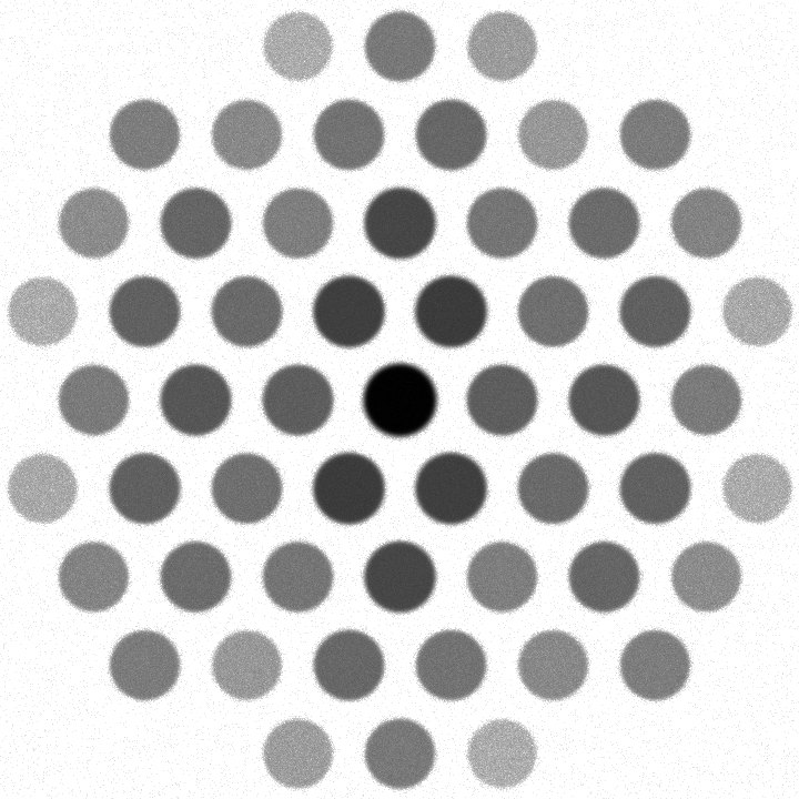 Simulated convergent-beam diffraction pattern: a hexagonal array of diffraction disks around a bright central disk.